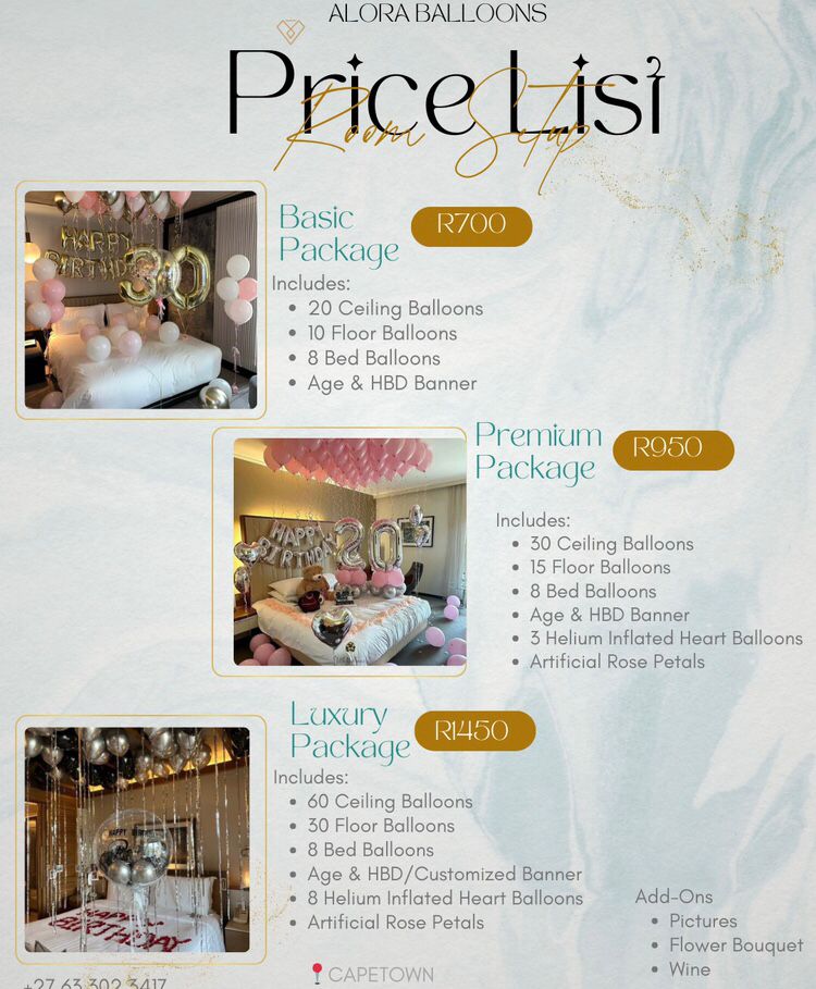 Room setup price list display